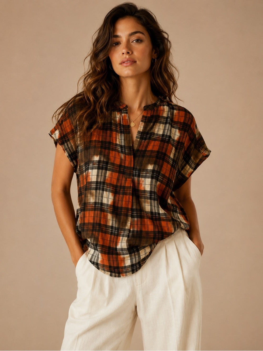 Bobeau Plaid Dolman Blouse | Rust Black Cream Lightweight Tunic Top | Size M